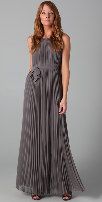 Halston Pleated Long Dress in Ash (Grey) - Lyst