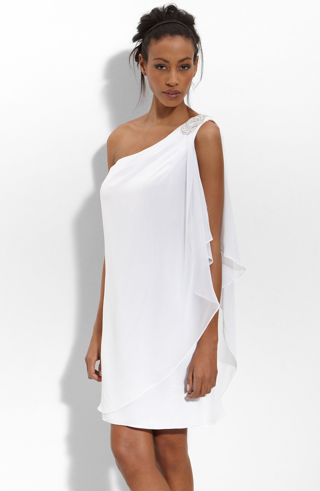 Js Boutique Embellished One Shoulder Chiffon Dress in White | Lyst