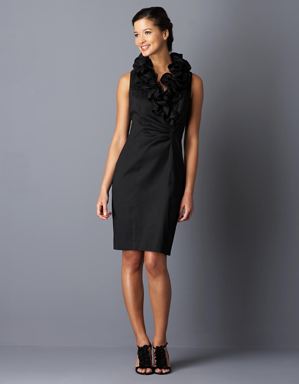 xscape sleeveless ruffled cocktail dress
