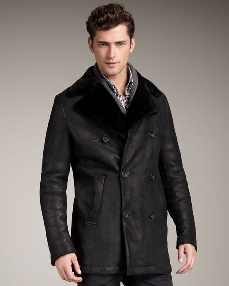 Theory Double-breasted Shearling Coat in Black for Men | Lyst