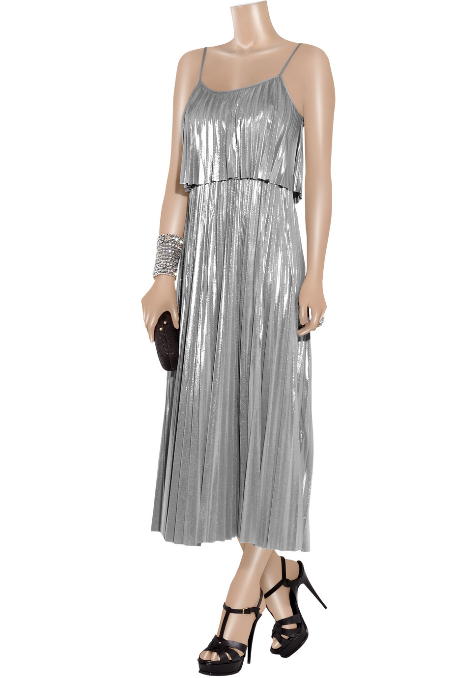 Halston Pleated Lamé Dress in Silver (Metallic) Lyst