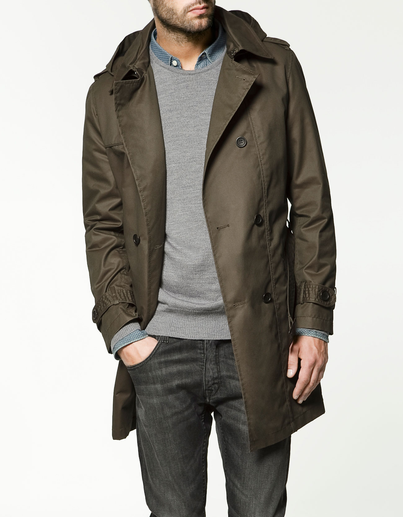 Zara Double Breasted Trench Coat with Hood in Khaki for Men | Lyst