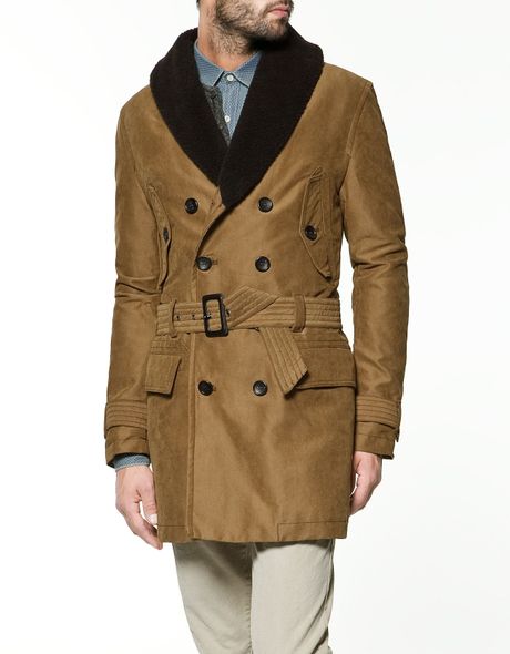 Zara Coat with Sheepskin Collar in Brown for Men (mustard) | Lyst