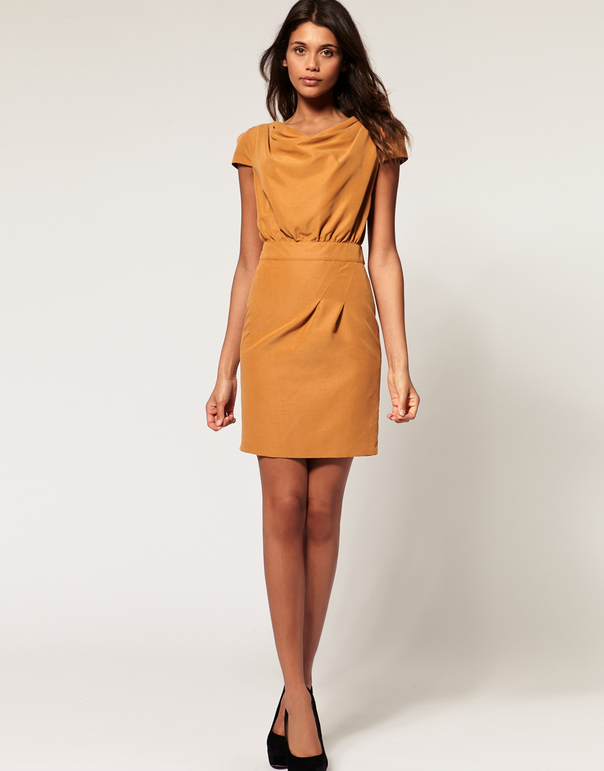 Lyst Asos Collection Cowl Neck Pencil Dress With Belt In Brown Gallery