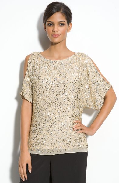 Adrianna Papell Sequin Cold Shoulder Top in Gold (champagne) | Lyst