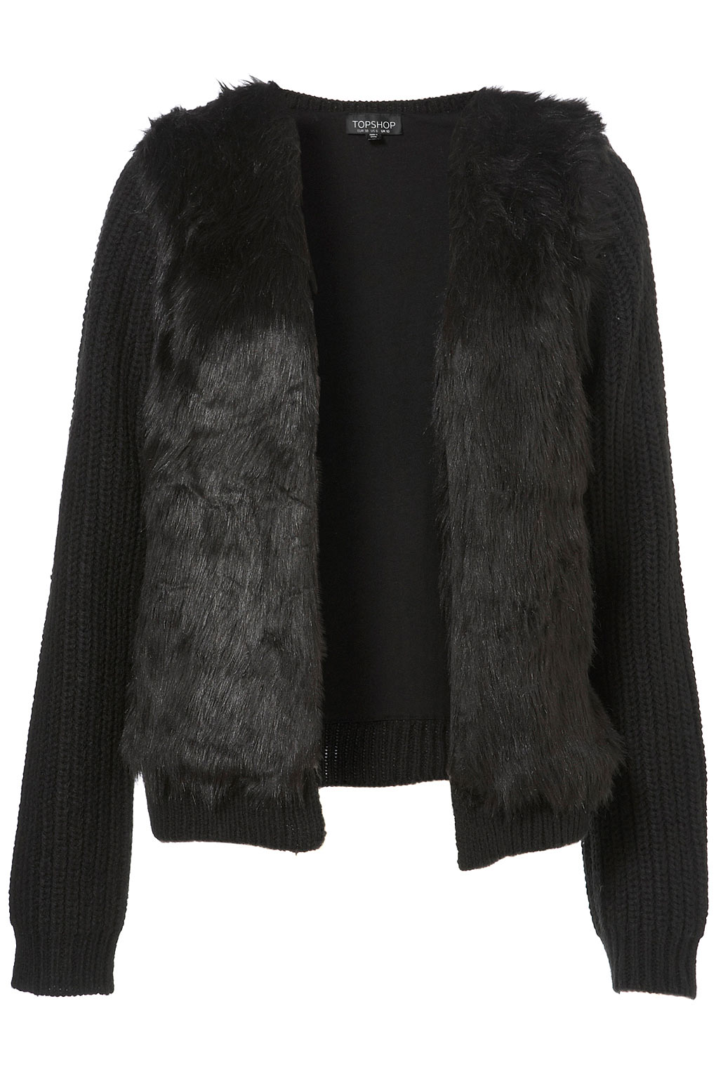 Lyst - Topshop Knitted Faux Fur Trim Cardigan in Black