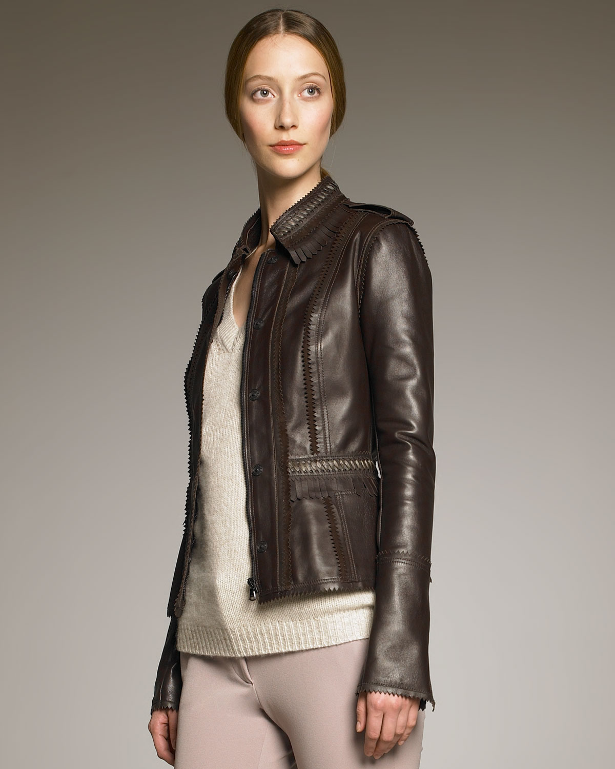 Fringe-trim Bonded Leather Jacket 