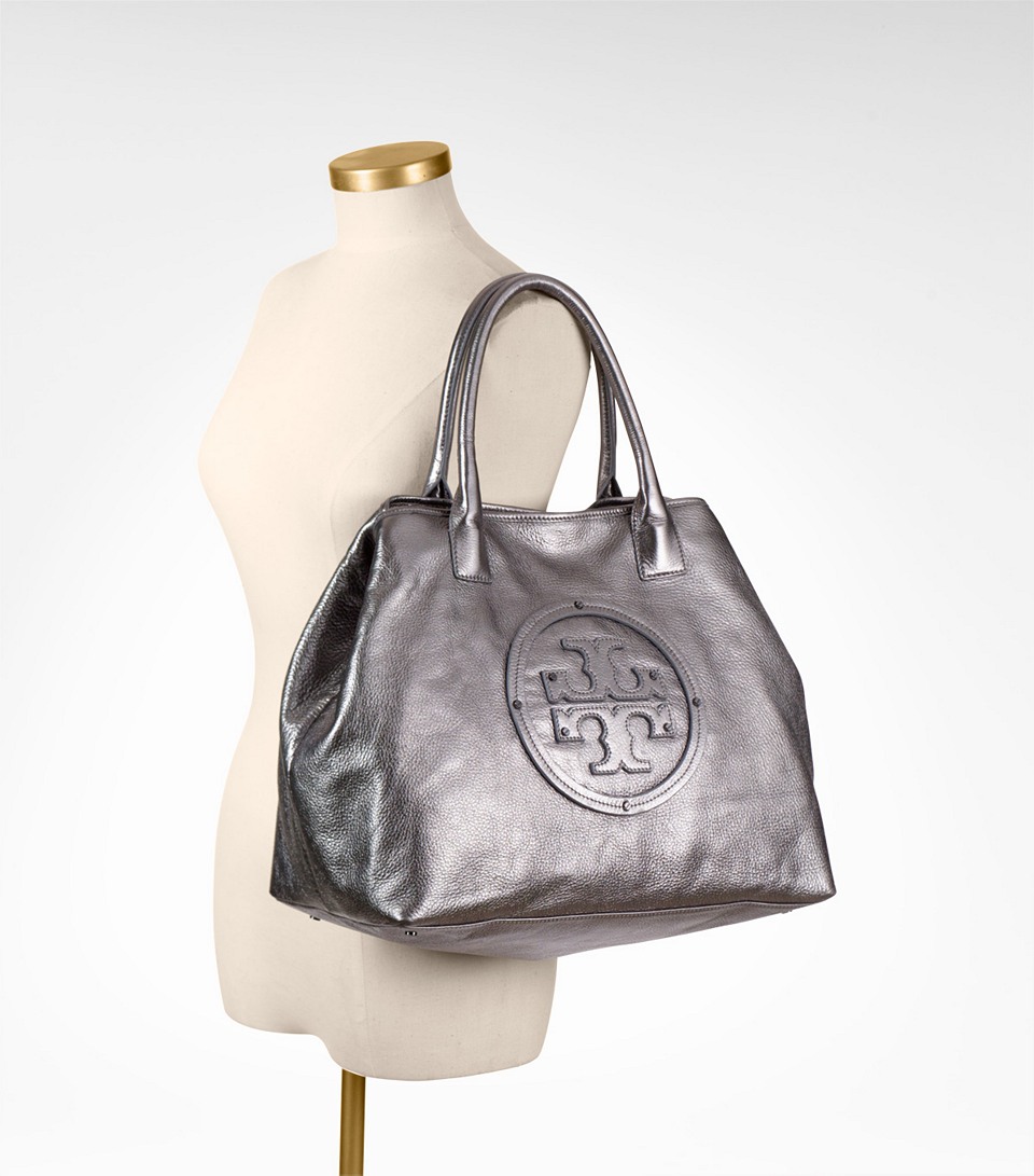 Tory Burch Silver Leather Pebbled Top Handle Tote Bag — Labels