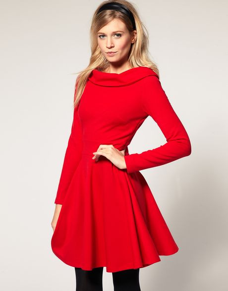 Asos Collection Asos Fit and Flare Dress with Boat Neck in Red (marsred ...