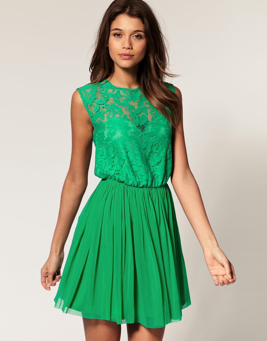 Asos collection Asos Skater Dress with Lace and Mesh in Green | Lyst