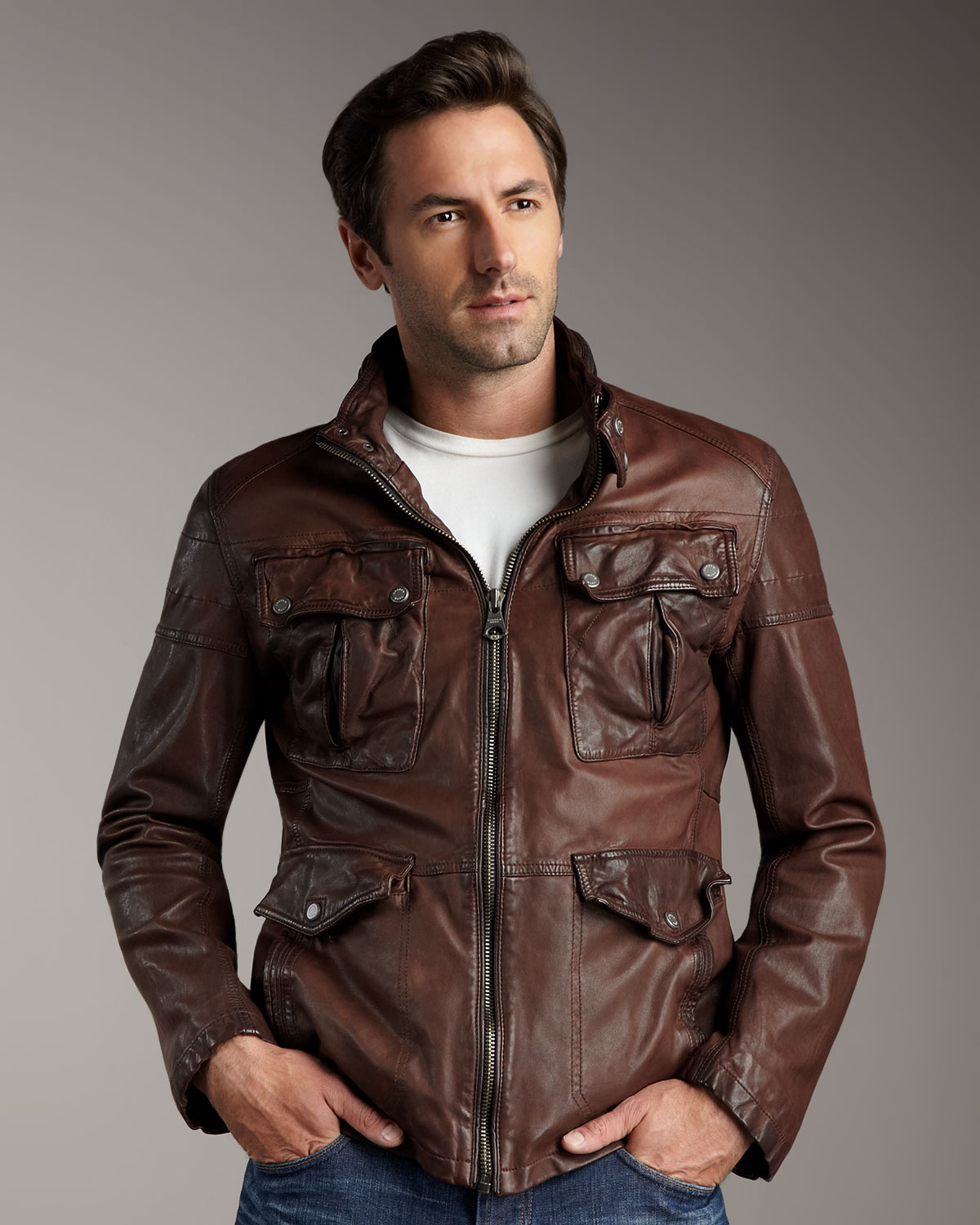Lyst Andrew Marc Leather Military Jacket In Brown For Men Gallery