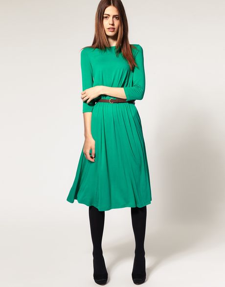 Asos Collection Asos Midi Dress with 3/4 Length Sleeve and Belt in ...