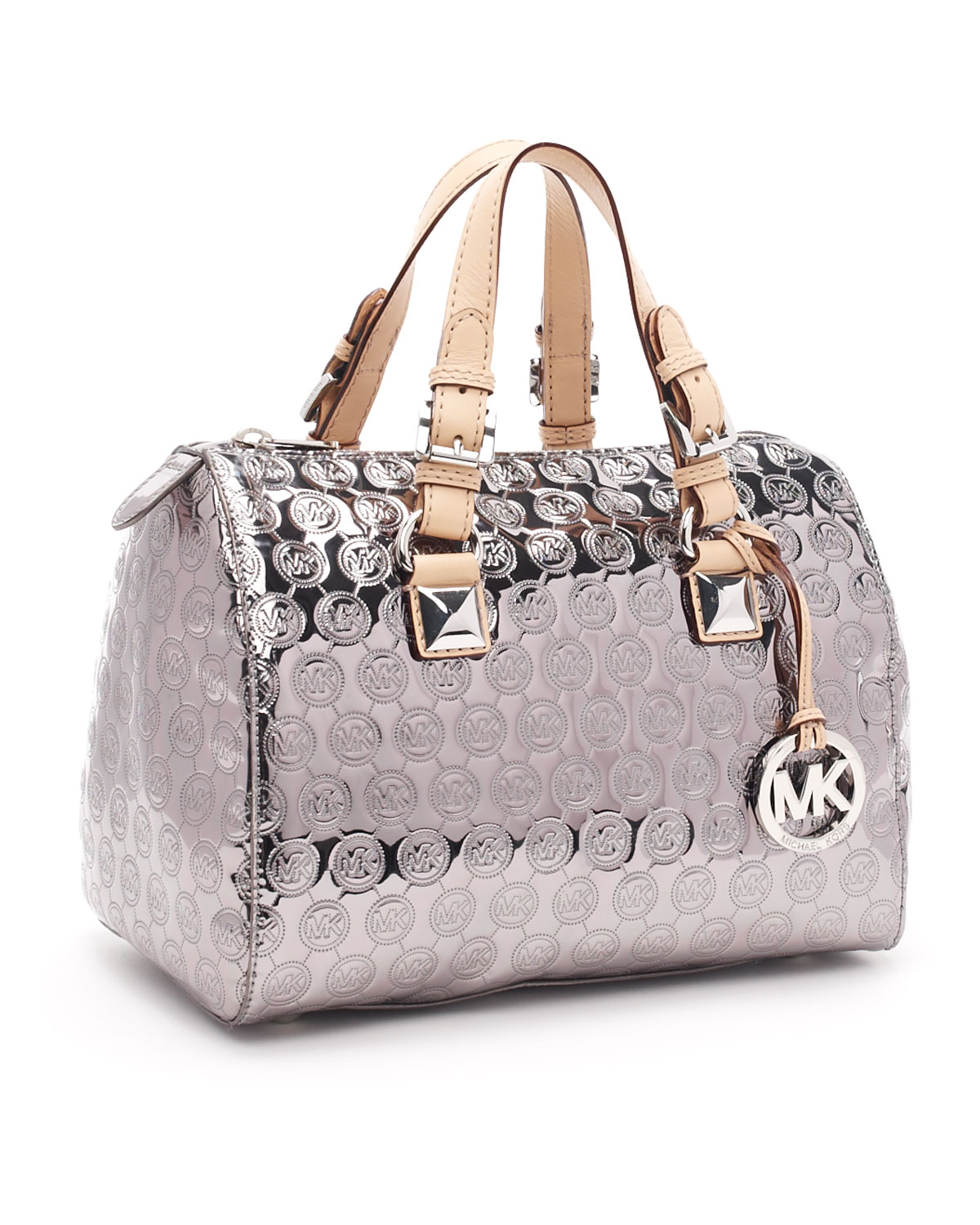 Michael Kors MK Womens Silver Purse Large Shiny Handbag Bag Charm Leather  Straps | eBay