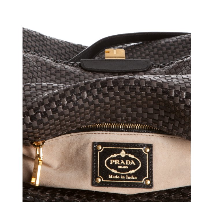 Prada Anthracite and Black Woven Leather Madras Satchel in Gray ...