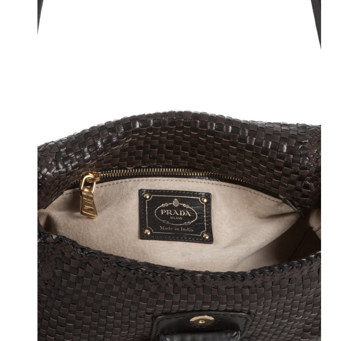 Prada Brown and Black Woven Leather Madras Shoulder Bag in Brown ...