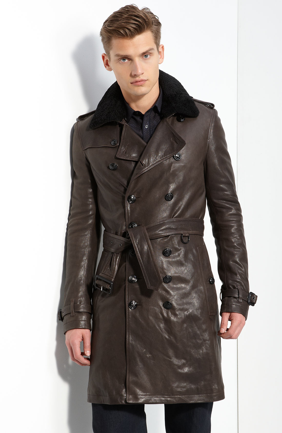 Burberry Belted Leather Trench with Genuine Shearling Collar in Brown ...