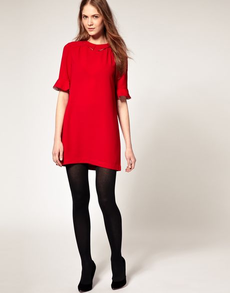 Boutique By Jaeger Contrast Collar Mini Dress with Fluted Cuffs in Red ...