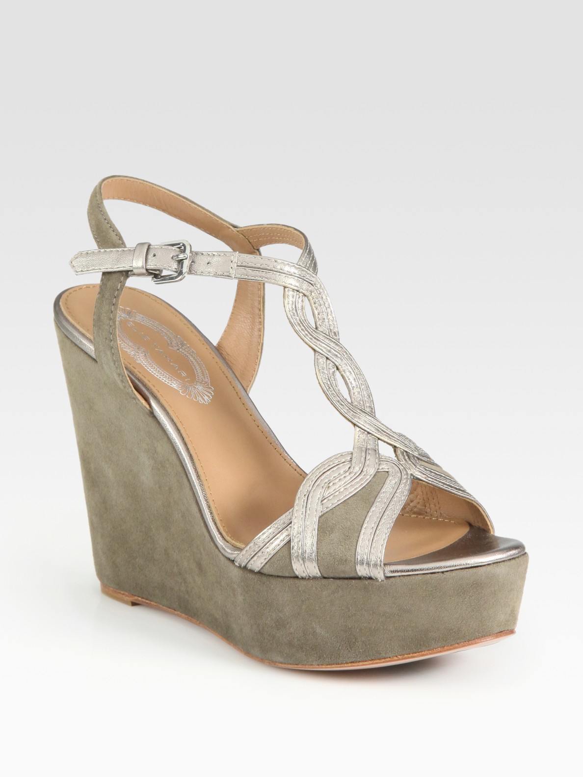 Elie Tahari Lynette Suede and Metallic Leather Wedge Sandals in Gray ...