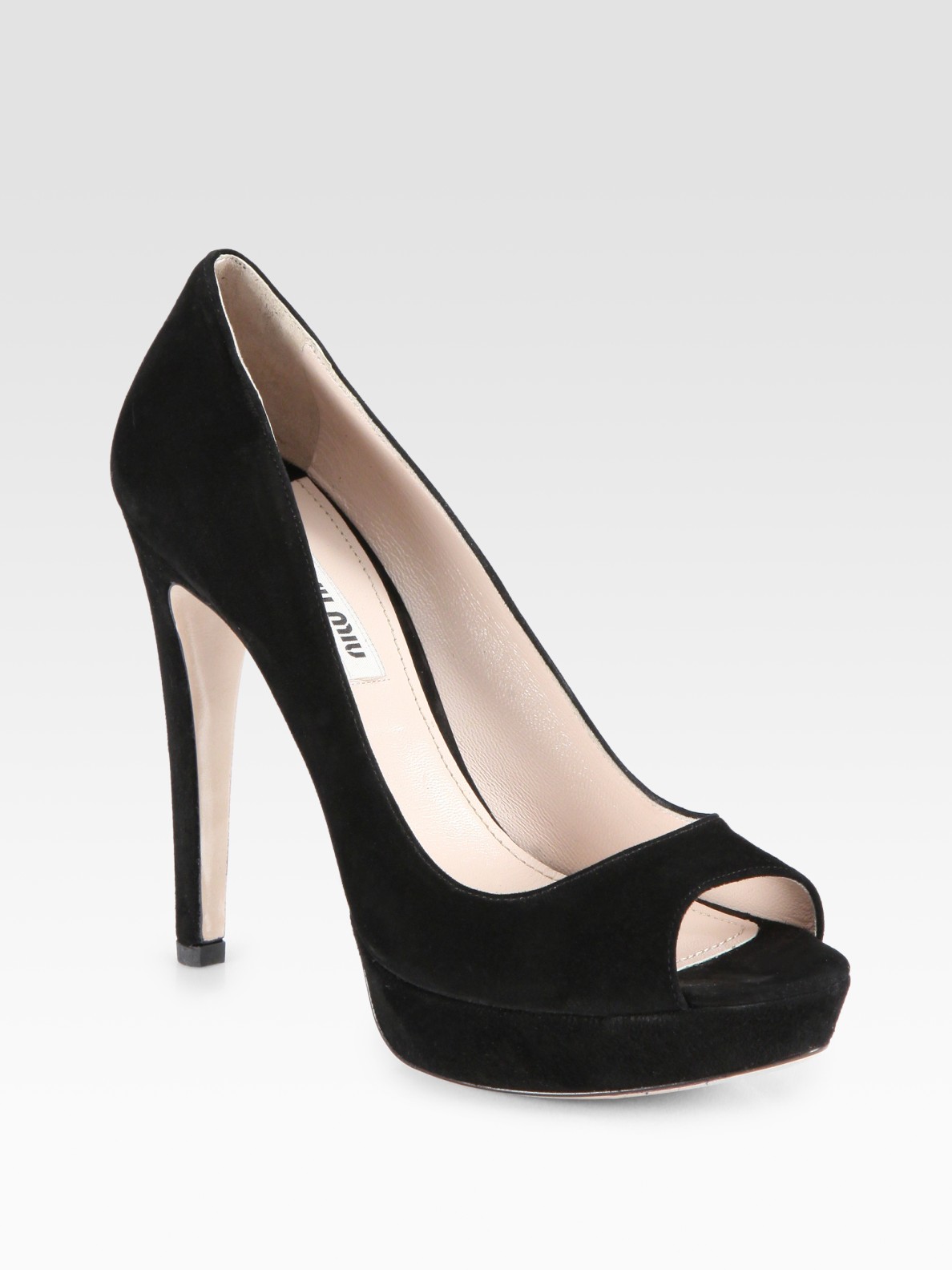 Miu Suede Peep Platform Pumps in Black Lyst