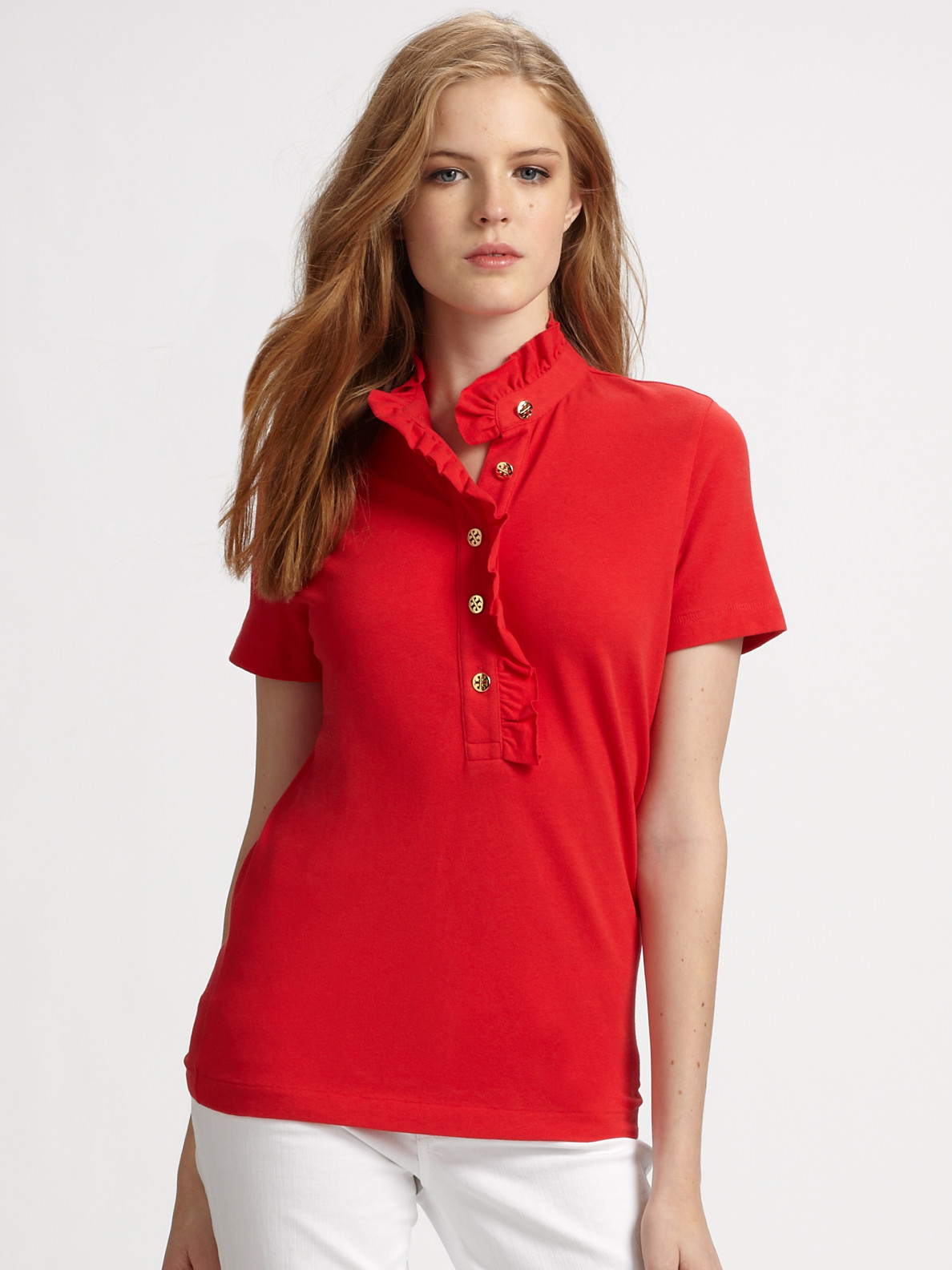 Tory burch Lidia Ruffle-collar Polo Shirt in Red | Lyst