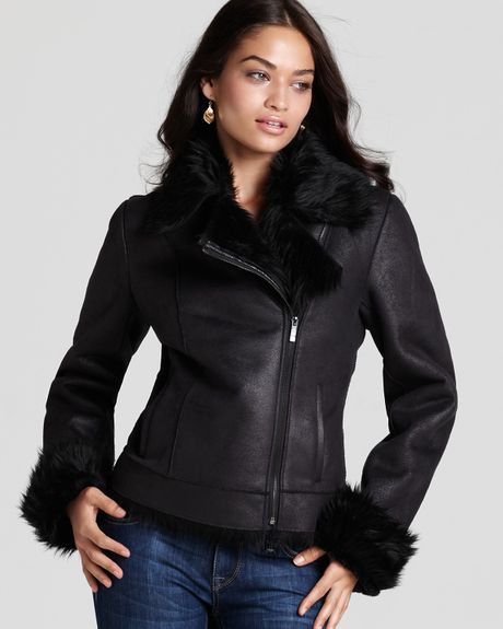 Calvin Klein Faux Shearling Asymmetric Zip Jacket in Black | Lyst
