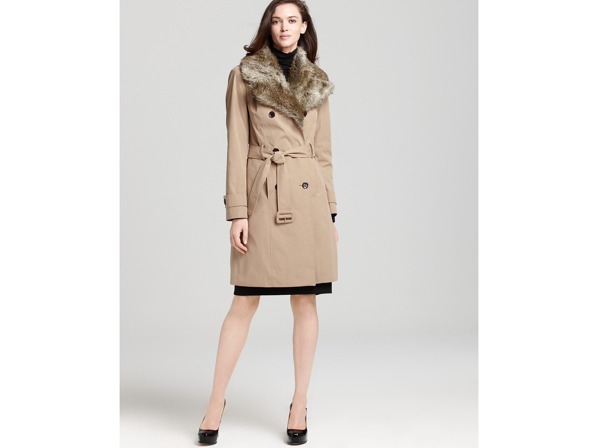 Lyst Calvin Klein Faux Fur Collar Trench Coat in Natural