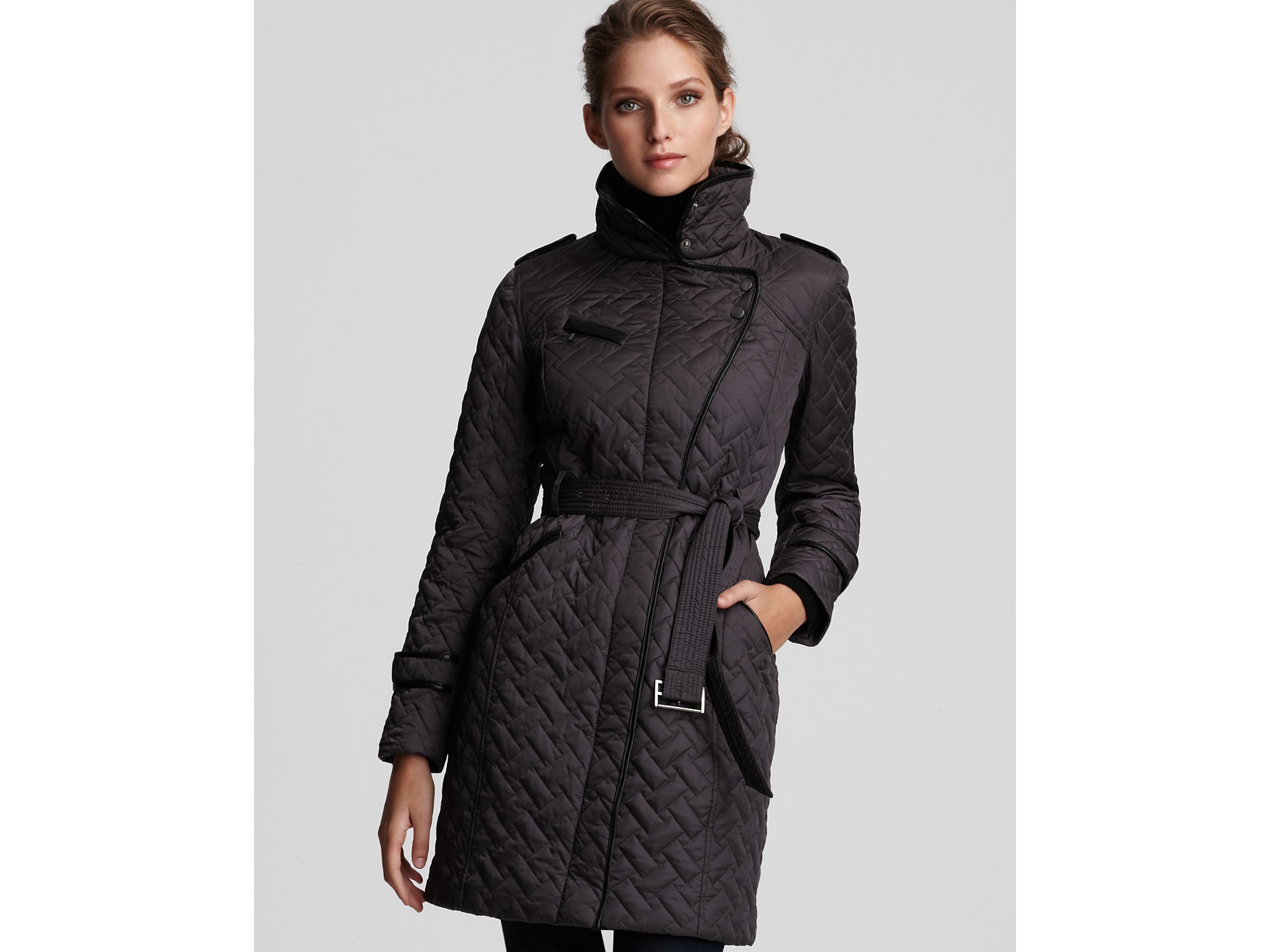 Lyst Cole Haan Quilted Belted Jacket with Leather Trim in Black