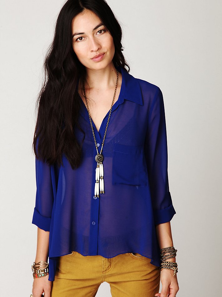 Lyst - Free People Sheer Buttondown Tab Shirt in Blue