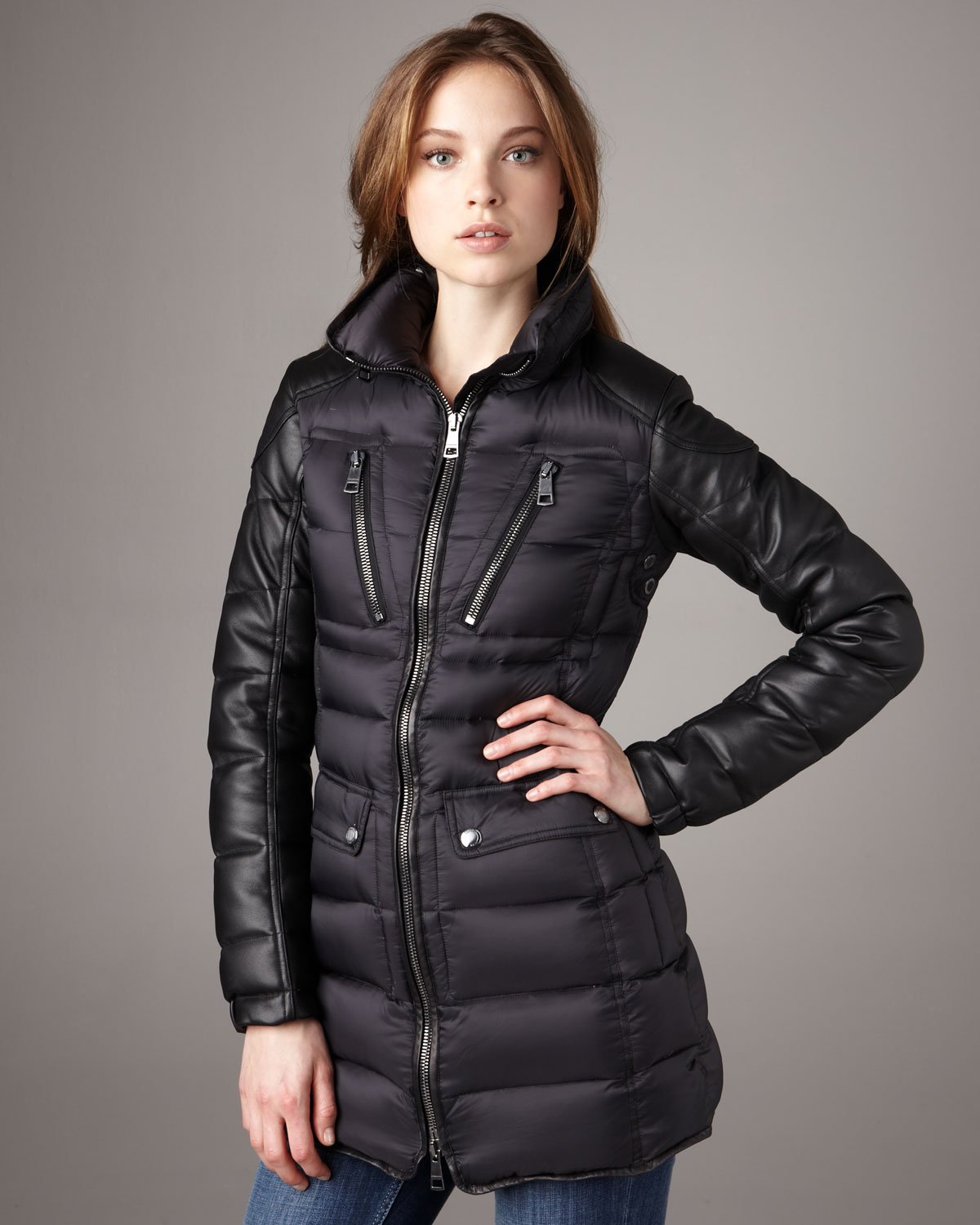 Lyst - Burberry Brit Leather-sleeve Puffer Coat in Black