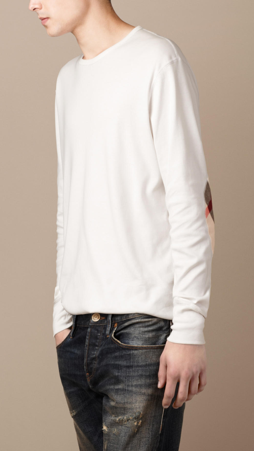 Burberry Long Sleeve Tshirt with Check Elbows in White for Men | Lyst