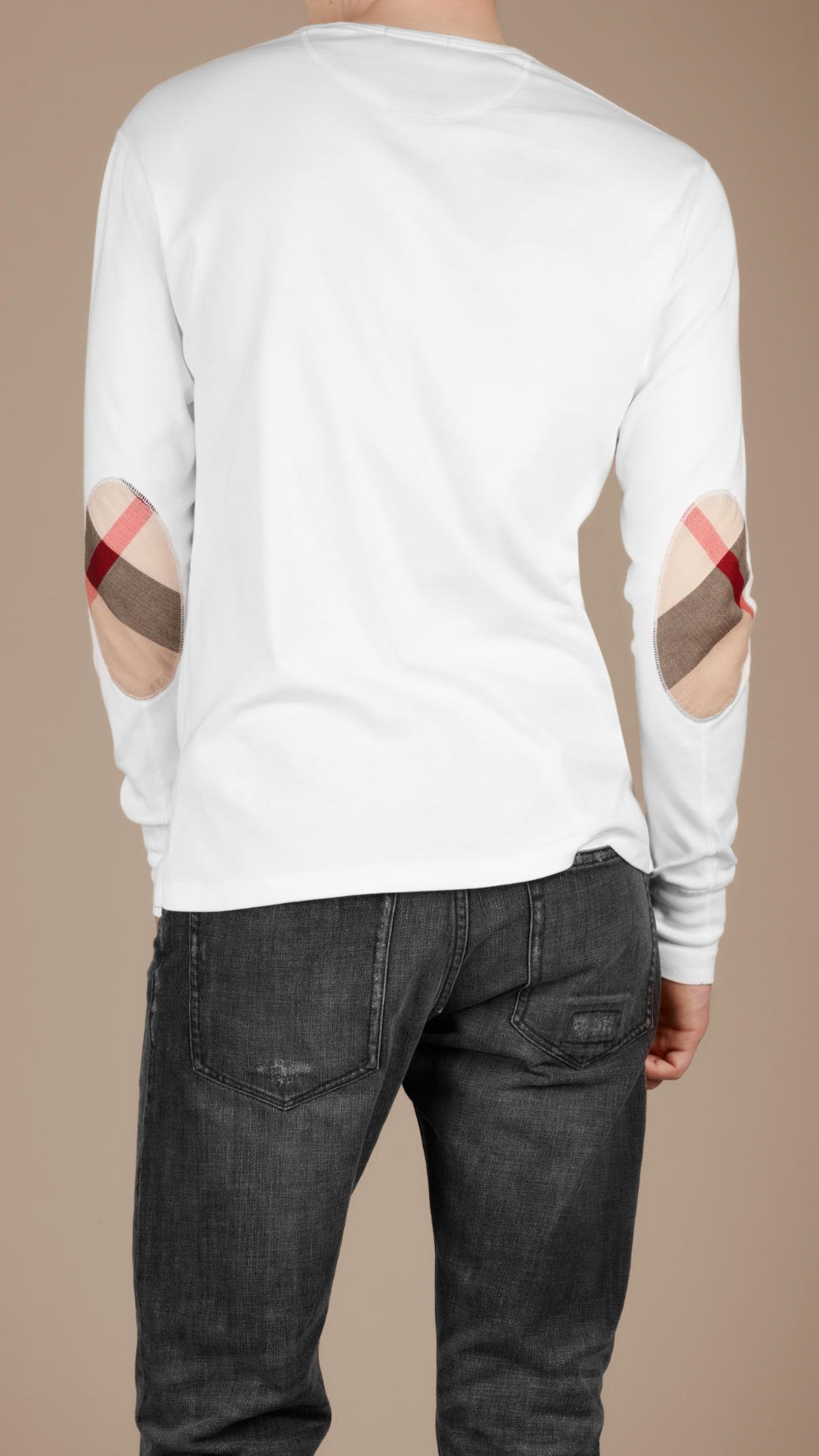 Burberry Long Sleeve Tshirt with Check Elbows in White for Men | Lyst