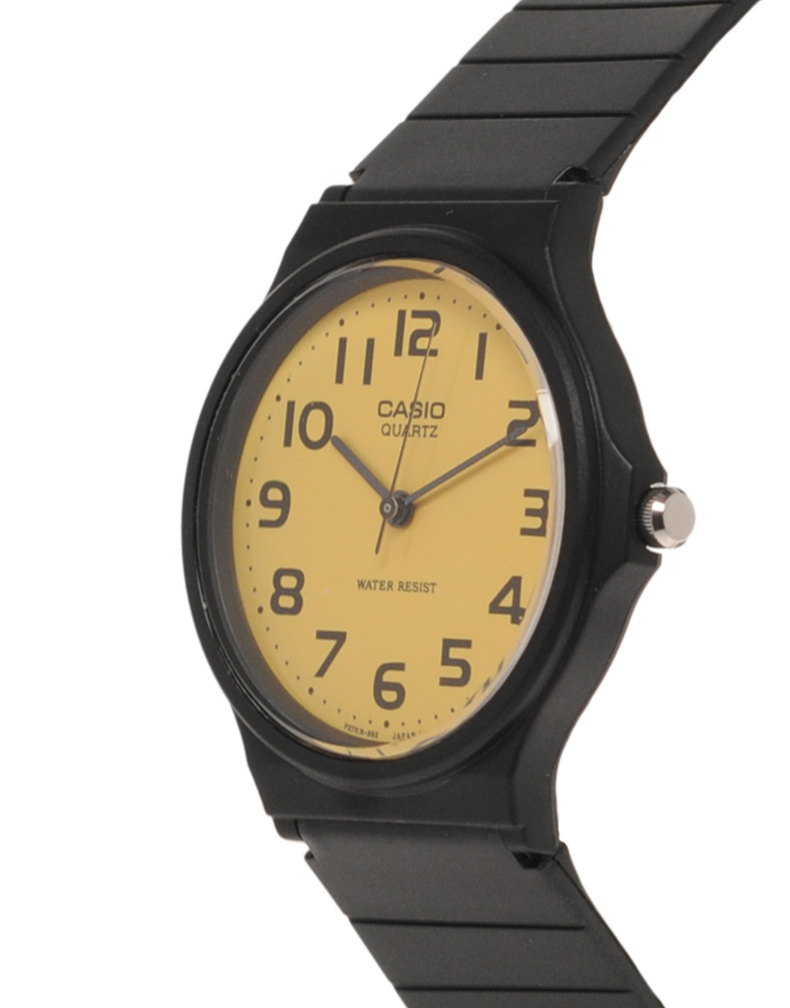 gold dial black strap watch