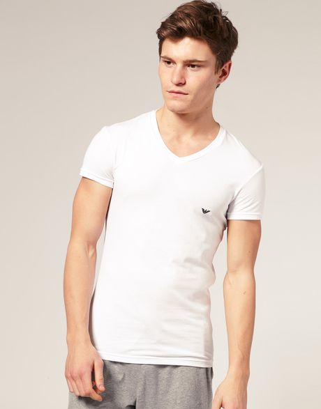Emporio Armani Stretch Cotton V Neck T Shirt in White for Men | Lyst