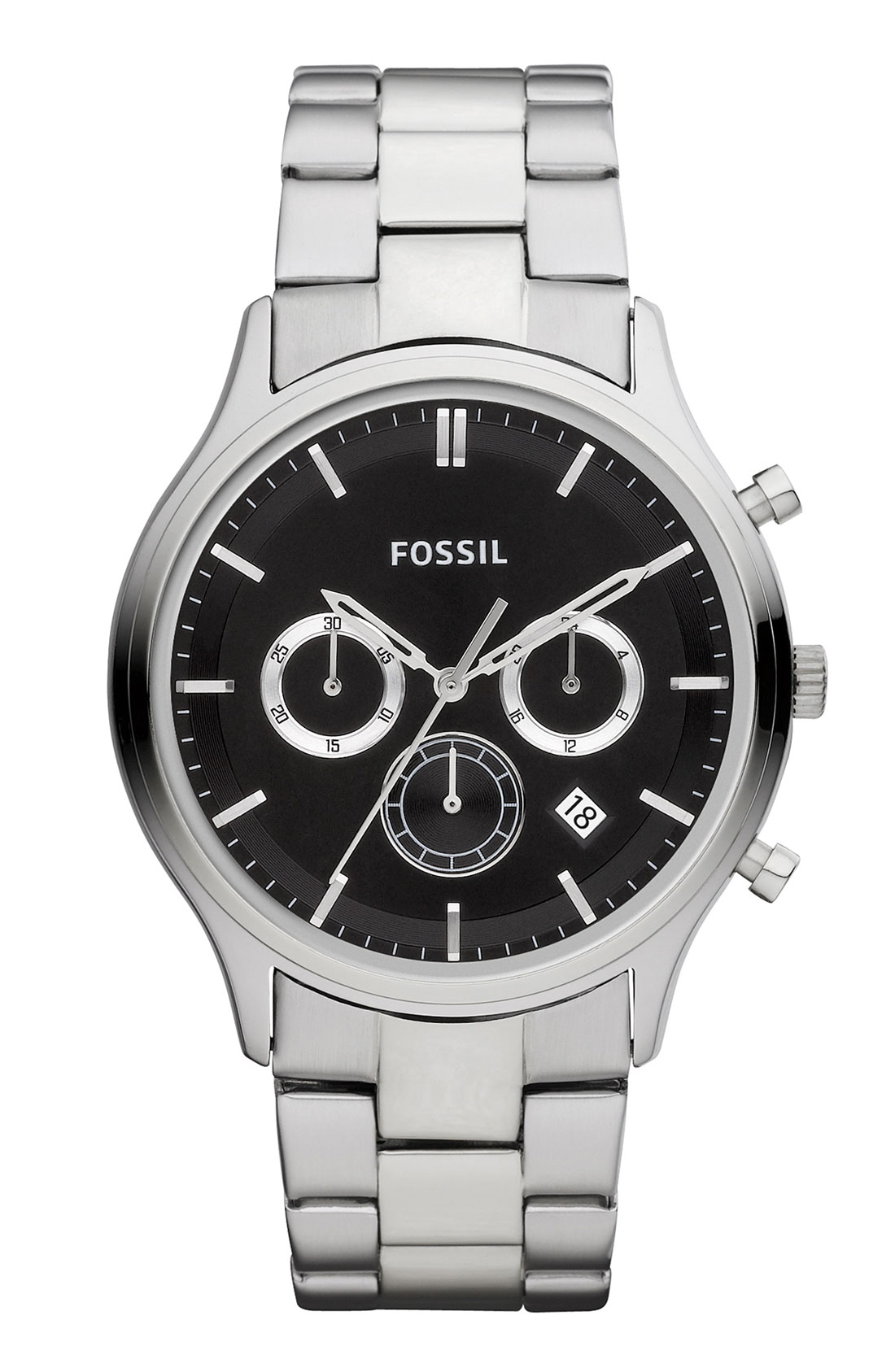 fossil black and silver watch