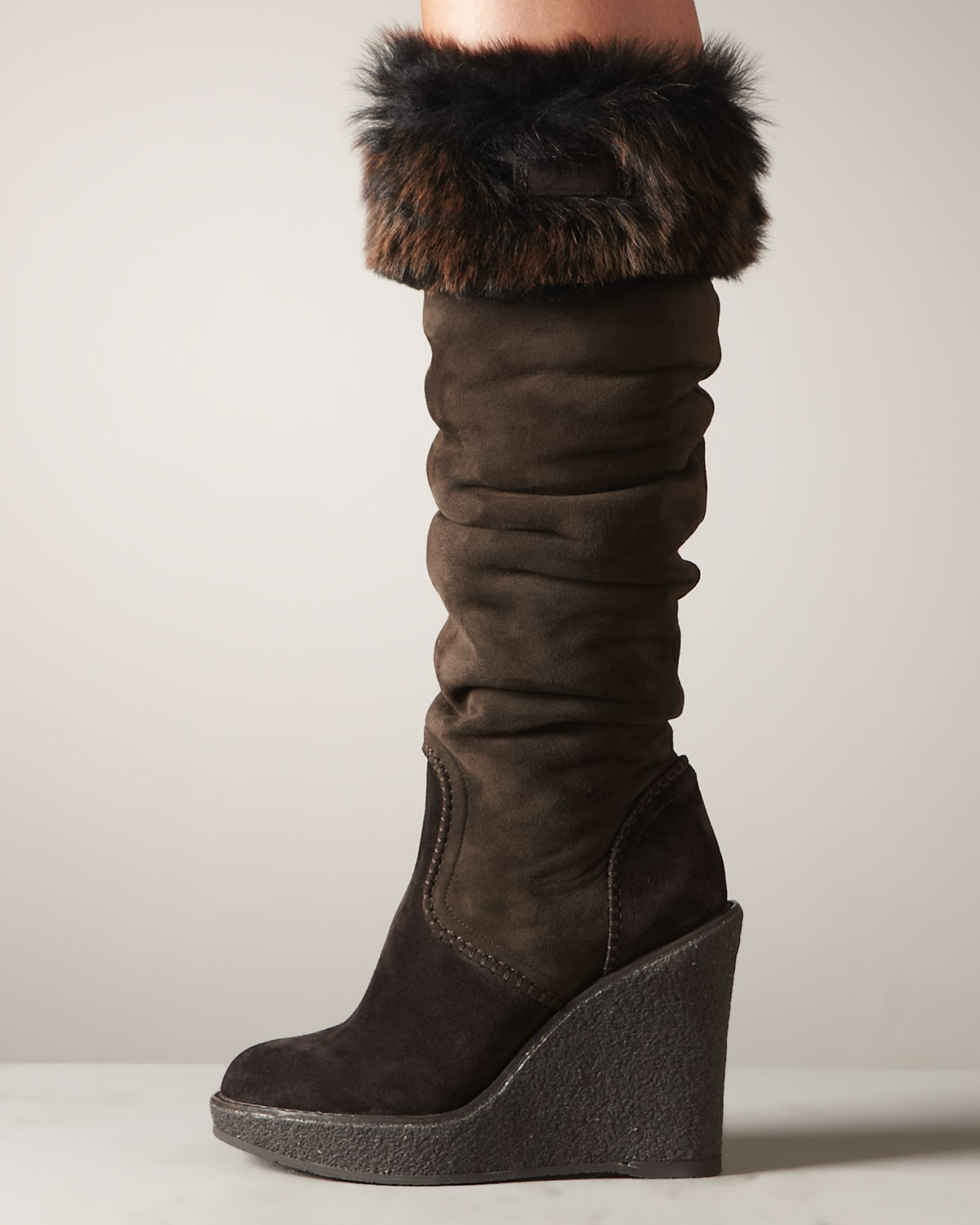 Donna Karan Fur-Trim Wedge Boot in Dark 