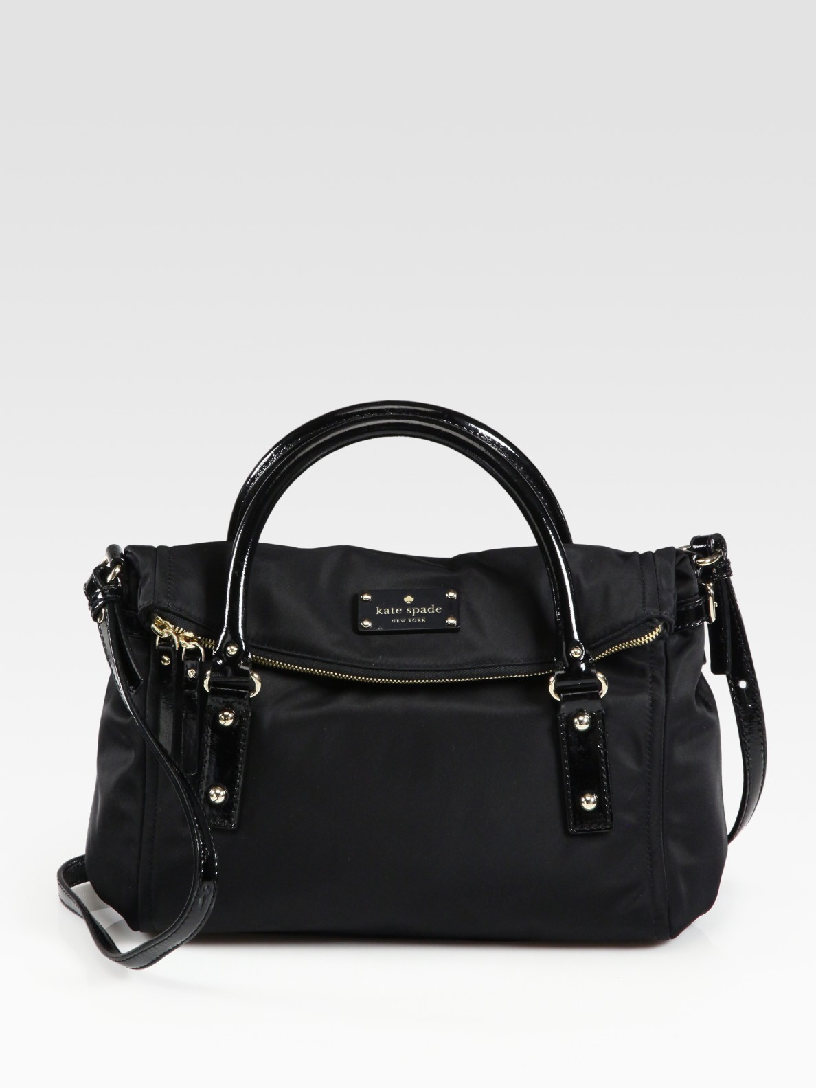 Kate Spade Small Leslie Foldover Nylon & Patent Leather Tote in Black