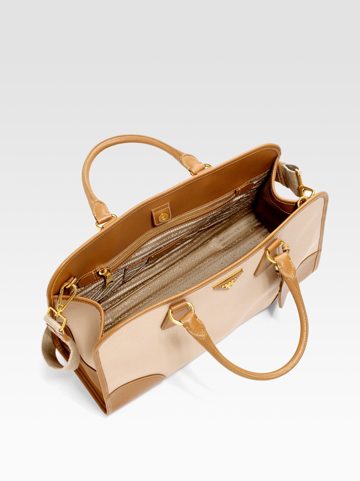 Lyst - Prada Saffiano Leather & Canvas Top Handle Bag in Natural