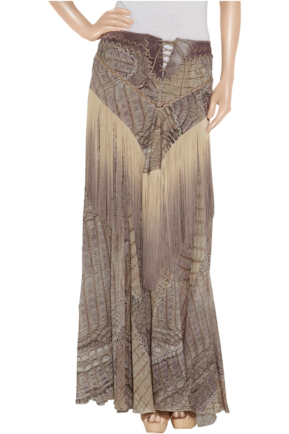 Roberto Cavalli Fringed Snake-print Silk-chiffon Maxi Skirt in Brown - Lyst