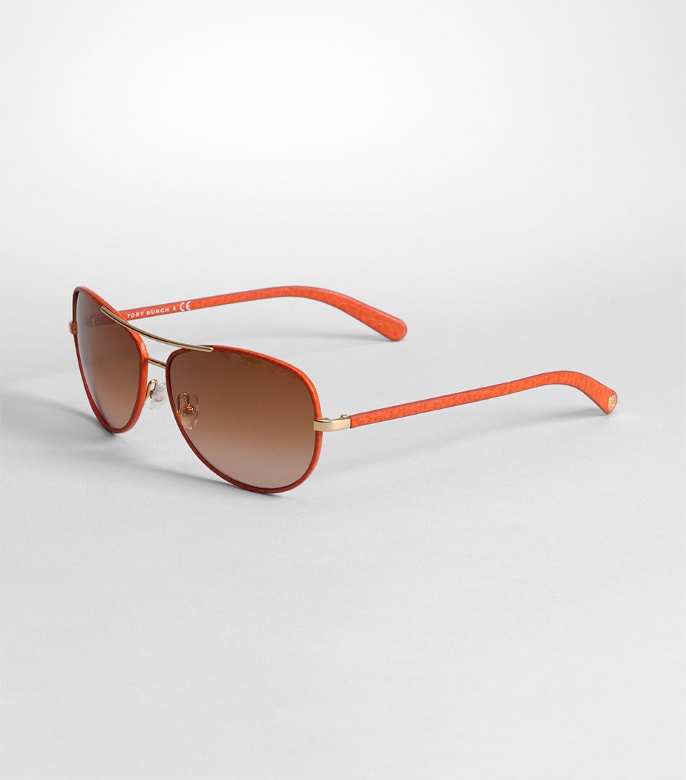 Tory Burch Leather Covered Aviator Sunglasses in Orange | Lyst Tory Burch Leather Covered Aviator Sunglasses in Orange | Lyst