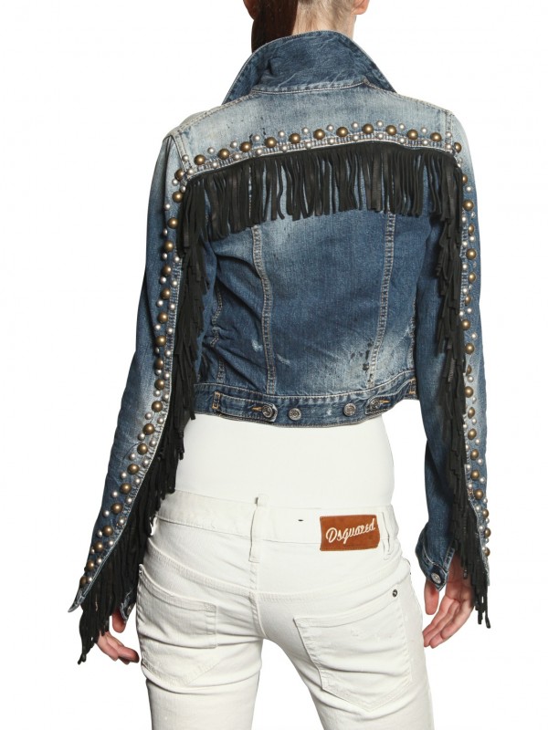 jean jacket with leather fringe