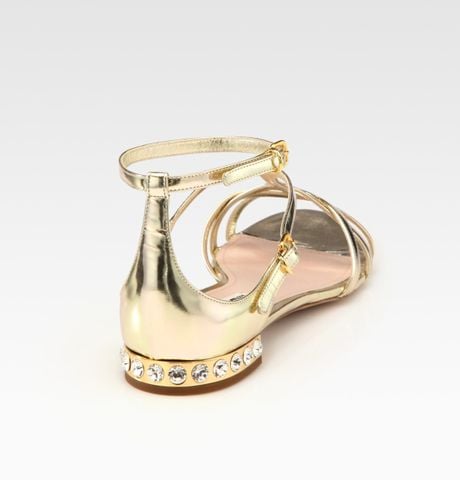Miu Miu Metallic Leather Jewel Sandals in Gold (silver) | Lyst