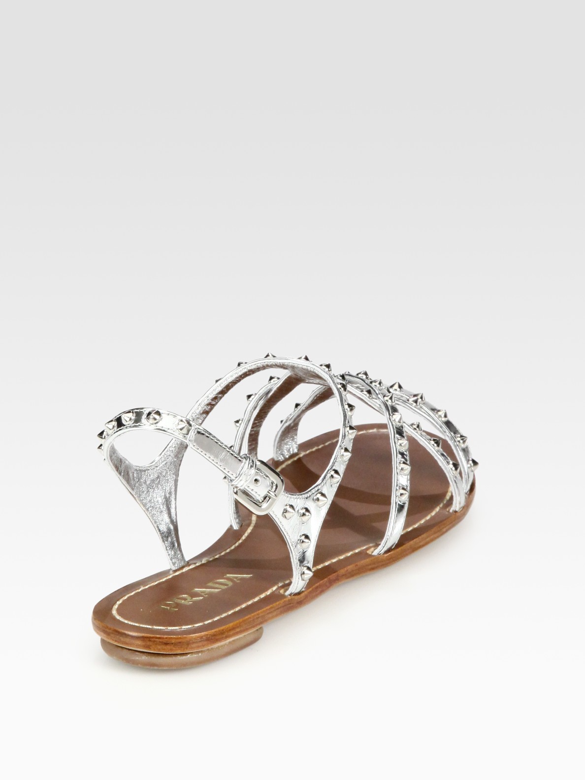 Lyst - Prada Metallic Leather Studded Flat Sandals in Metallic