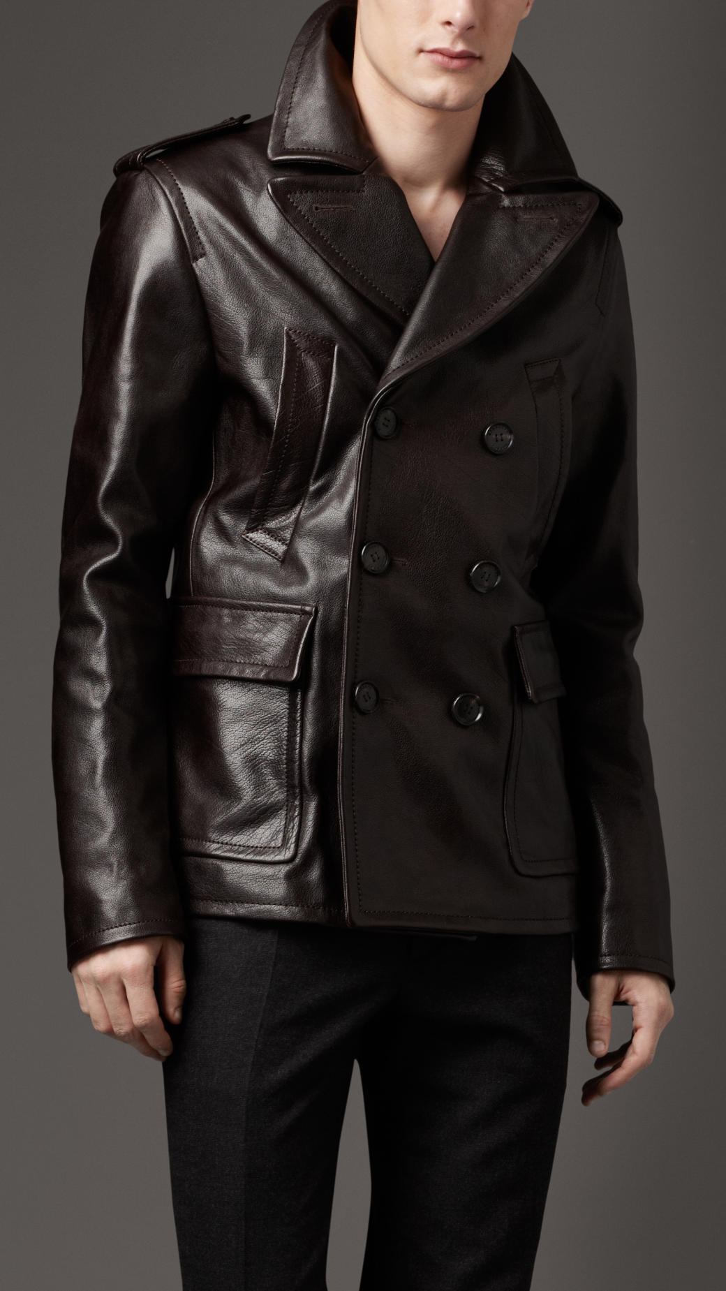 Lyst - Burberry Dark Leather Pea Coat in Black for Men