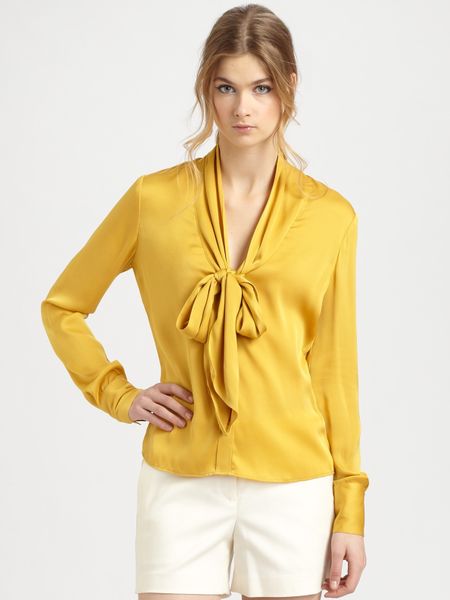 Rachel Zoe Natalie Plunge Tie Collar Blouse in Yellow | Lyst