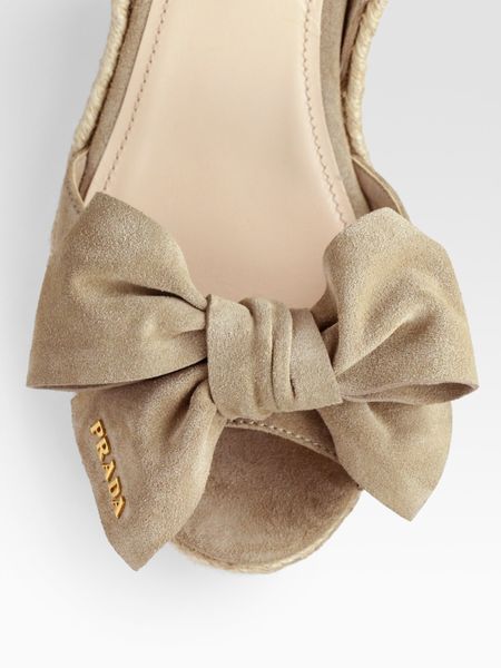 wedge suede  Sandals Bow Slingback Prada slingback Espadrille in Suede sandals with Wedge  Beige