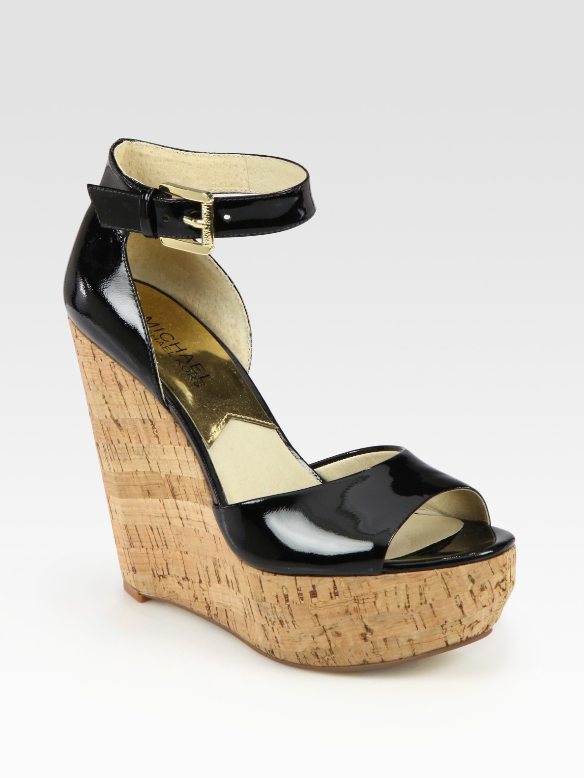 MICHAEL Michael Kors Ariana Patent Leather Cork Wedge Sandals in Black |  Lyst