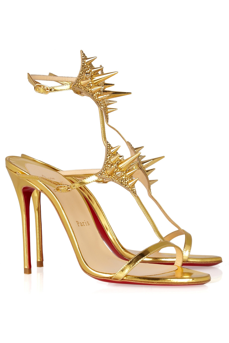 Christian Louboutin Lady Max 100 Spike-Embellished Metallic Leather Sandals  | Lyst