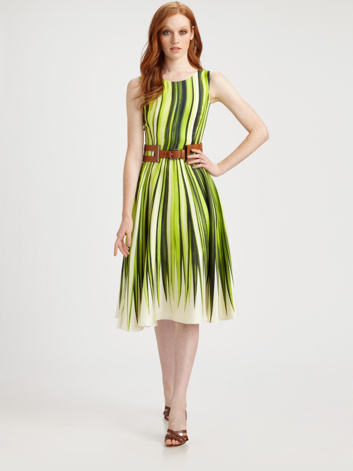Lyst - Oscar De La Renta Silk Palm Print Dress in Green