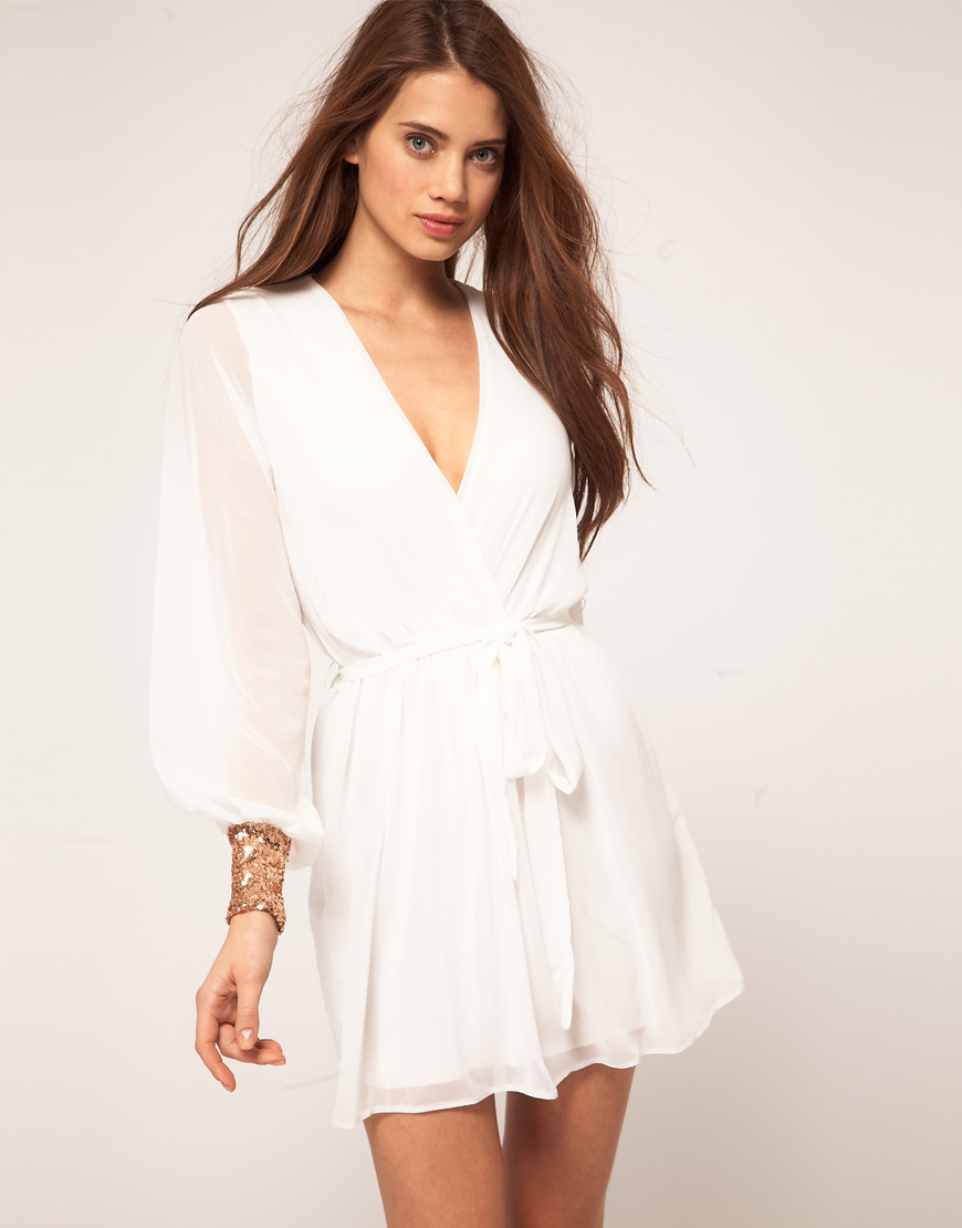 white sequin wrap dress