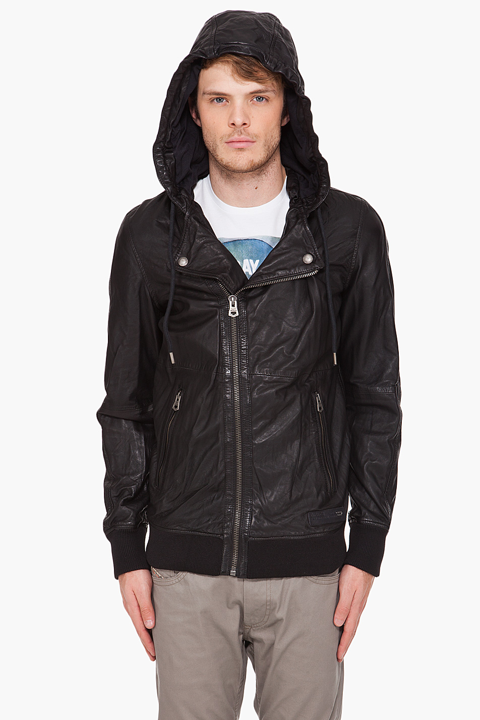 Download DIESEL Lunatic Leather Hooded Jacket in Black for Men - Lyst